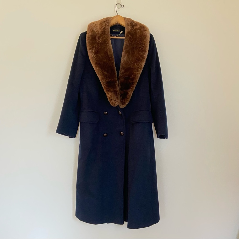 Womens Vintage Wool Duster Pea Coat w/ Fur stole